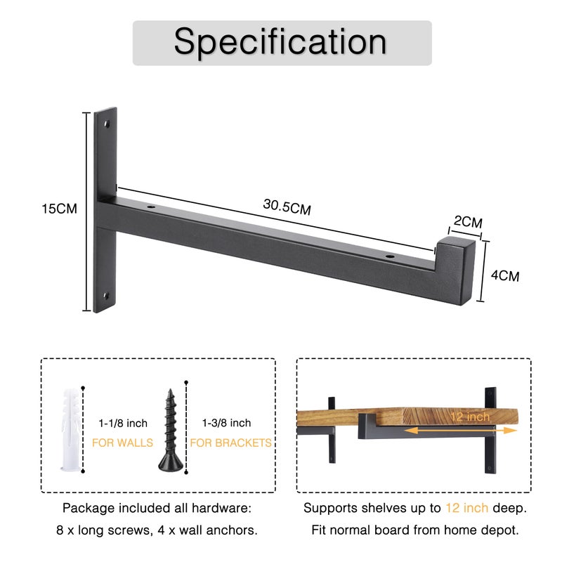 OVOV 2 Pcs Steel Heavy Duty Shelf Brackets Wall Mounted Industrial Metal Shelf Supports Matte Black 12 Inches - Image 4